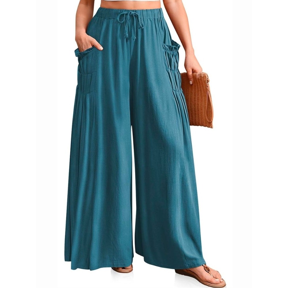 TARSE Palazzo Wide Leg Pant Blue Linen Blend Relaxed Flowy Pull On Coastal Beach
